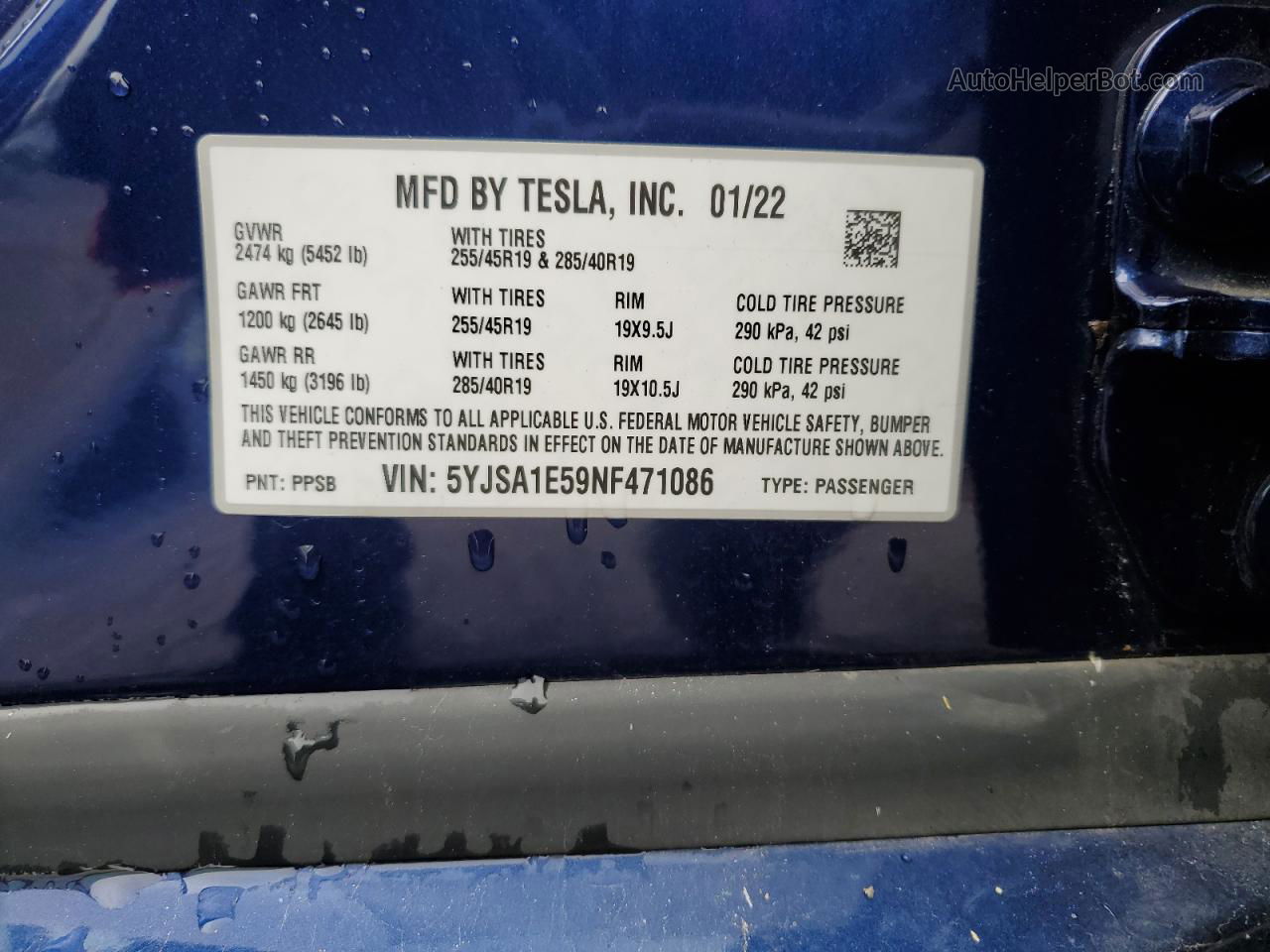 2022 Tesla Model S  Синий vin: 5YJSA1E59NF471086