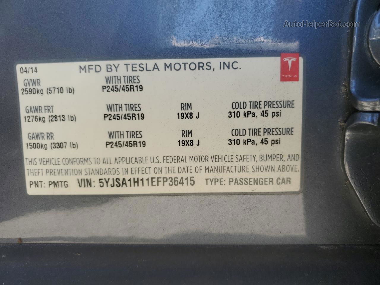 2014 Tesla Model S  Gray vin: 5YJSA1H11EFP36415