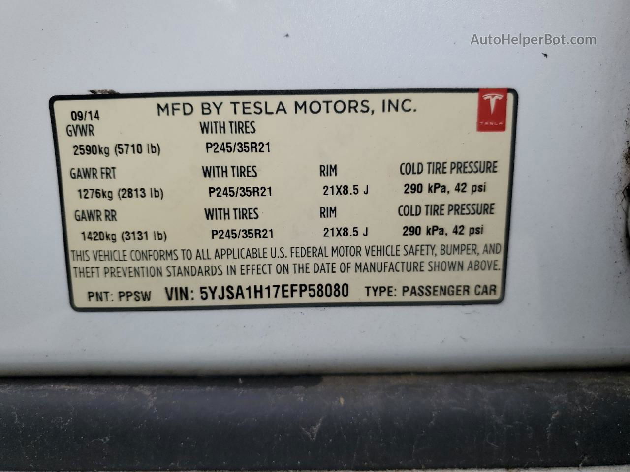 2014 Tesla Model S  Белый vin: 5YJSA1H17EFP58080