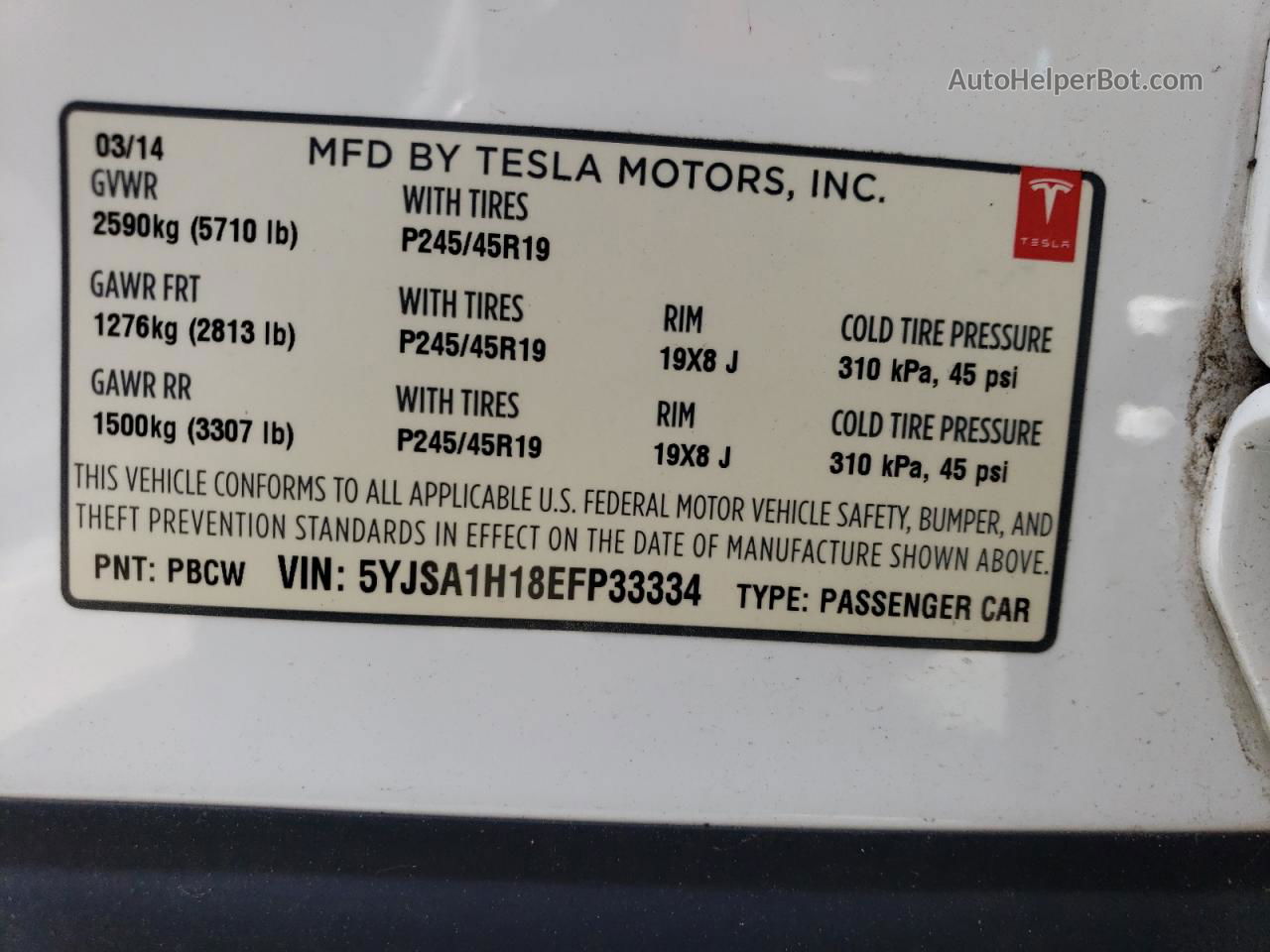 2014 Tesla Model S  White vin: 5YJSA1H18EFP33334