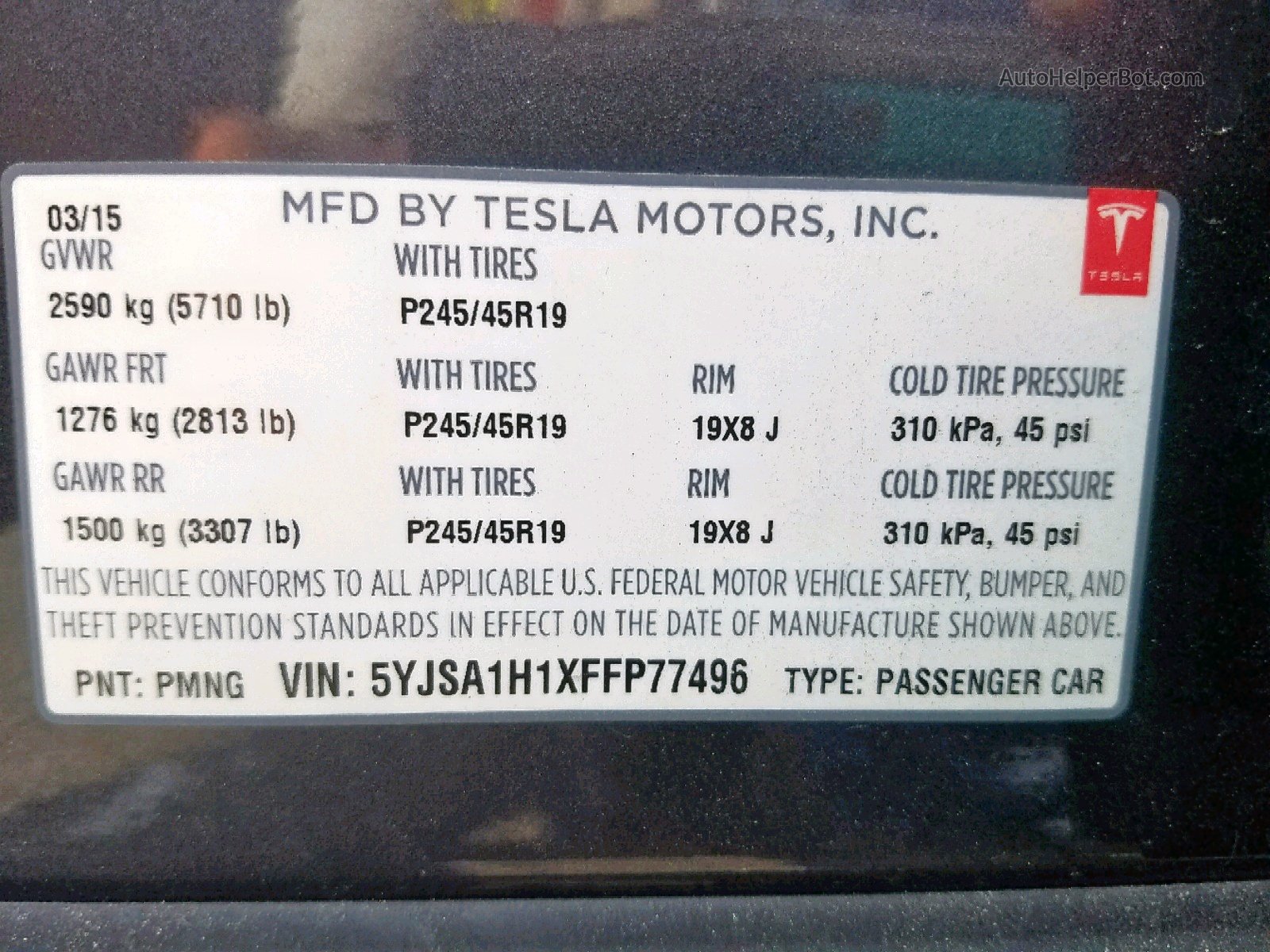 2015 Tesla Model S 85 vin: 5YJSA1H1XFFP77496