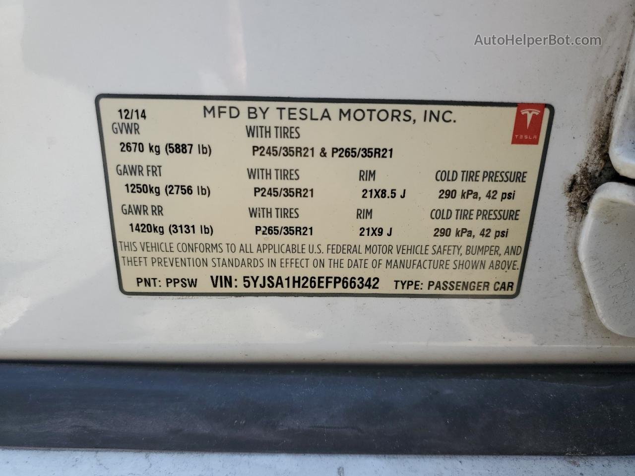 2014 Tesla Model S White vin: 5YJSA1H26EFP66342