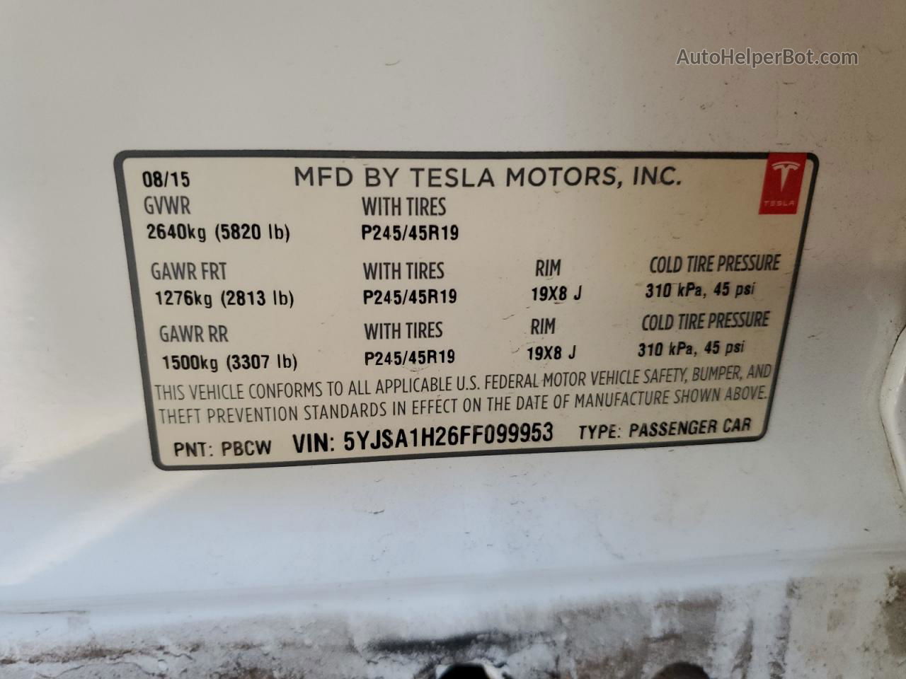 2015 Tesla Model S 85d Белый vin: 5YJSA1H26FF099953