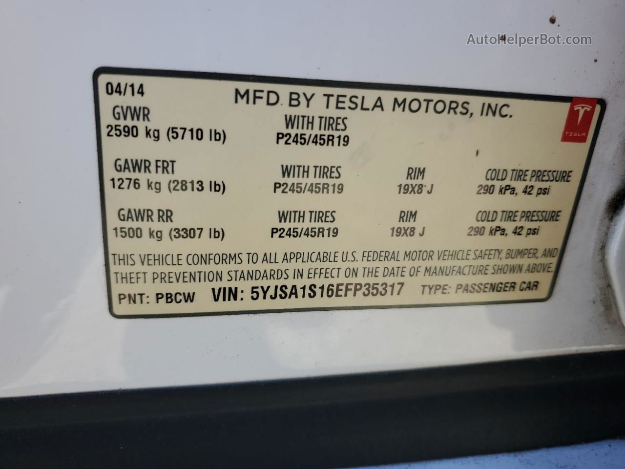 2014 Tesla Model S  Белый vin: 5YJSA1S16EFP35317