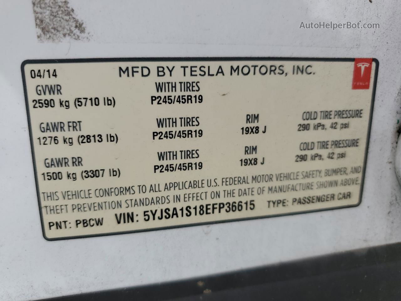 2014 Tesla Model S  White vin: 5YJSA1S18EFP36615