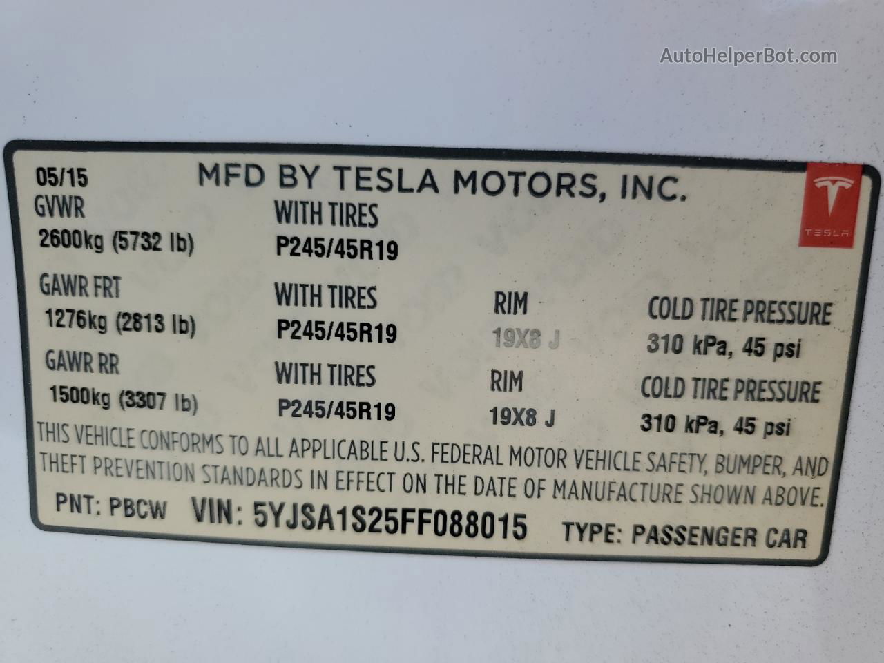 2015 Tesla Model S 70d Белый vin: 5YJSA1S25FF088015