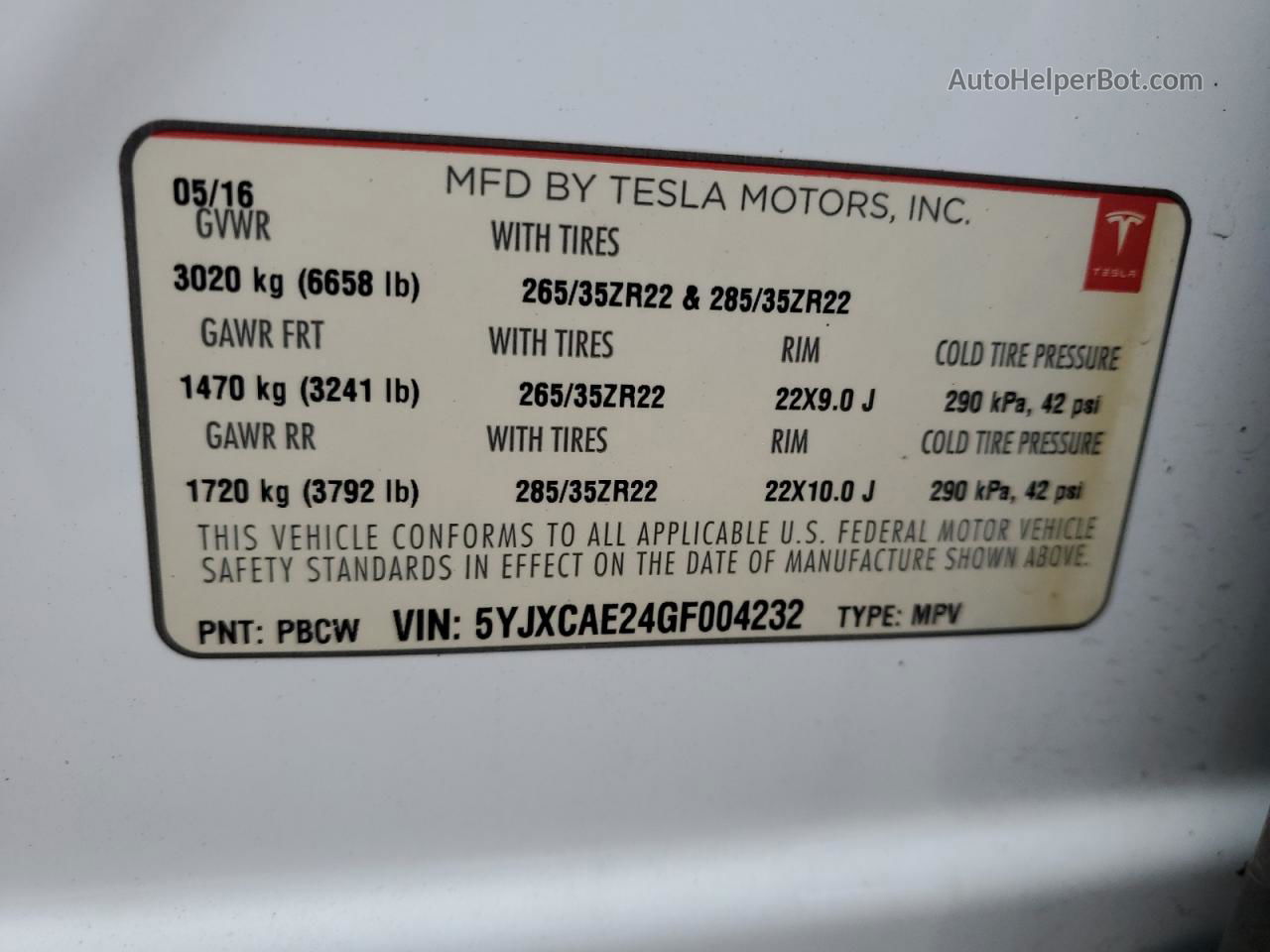 2016 Tesla Model X  White vin: 5YJXCAE24GF004232