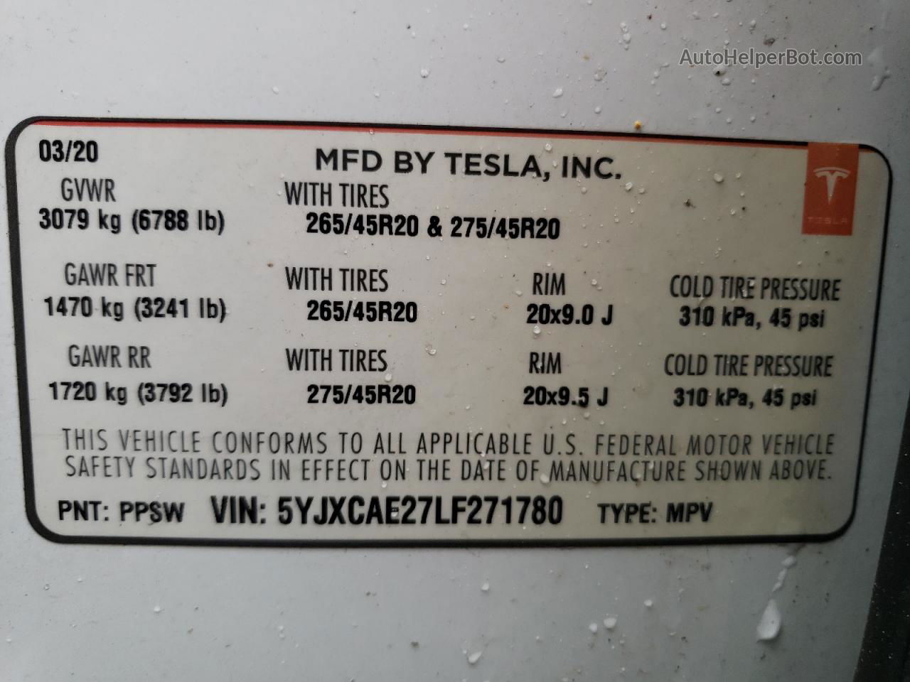 2020 Tesla Model X  White vin: 5YJXCAE27LF271780