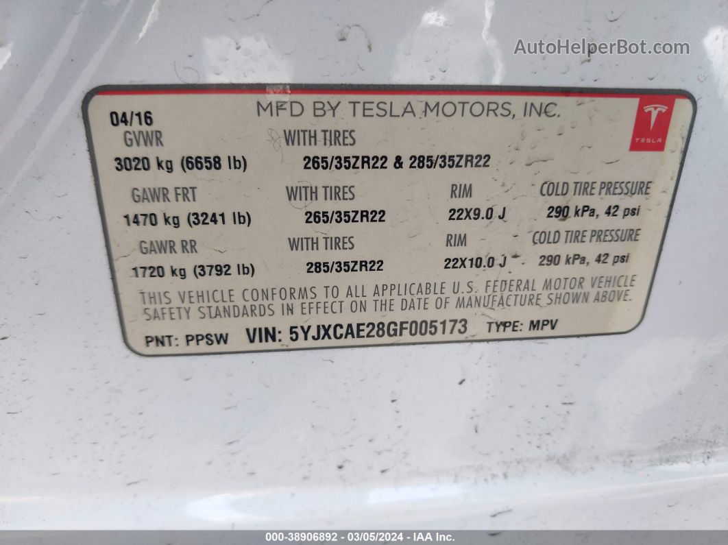 2016 Tesla Model X 60d/70d/75d/90d White vin: 5YJXCAE28GF005173