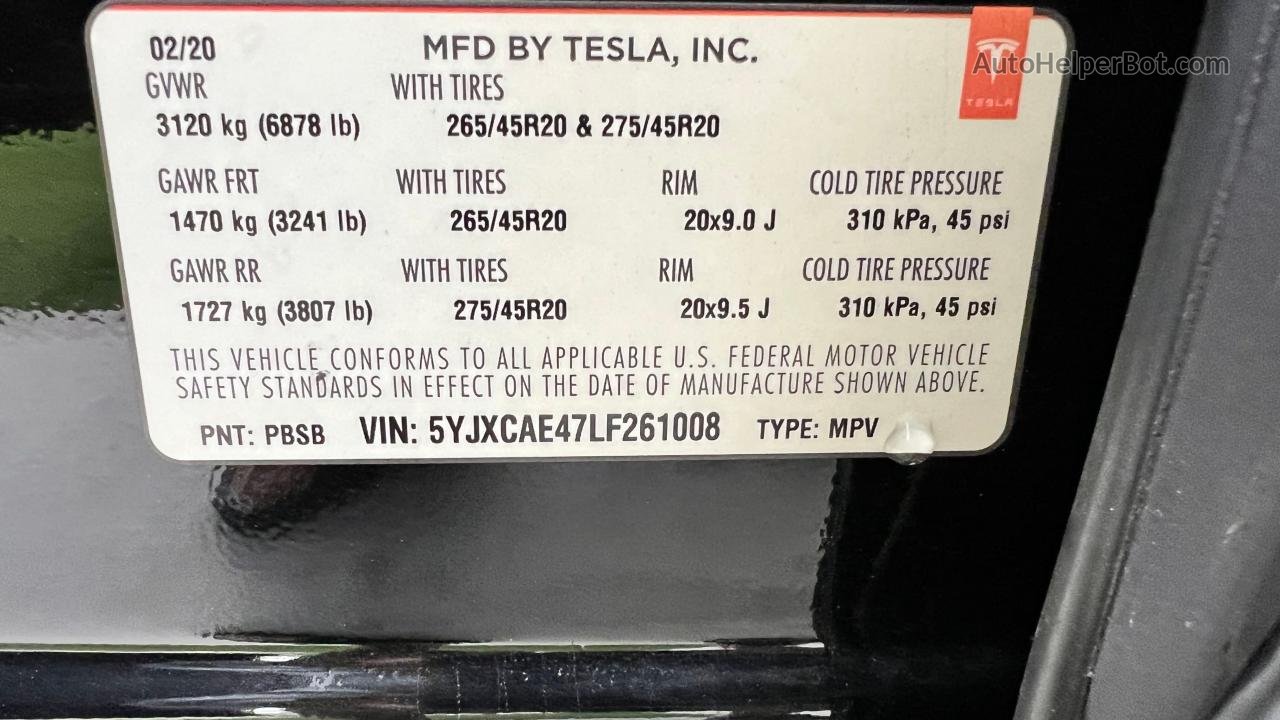 2020 Tesla Model X  Black vin: 5YJXCAE47LF261008