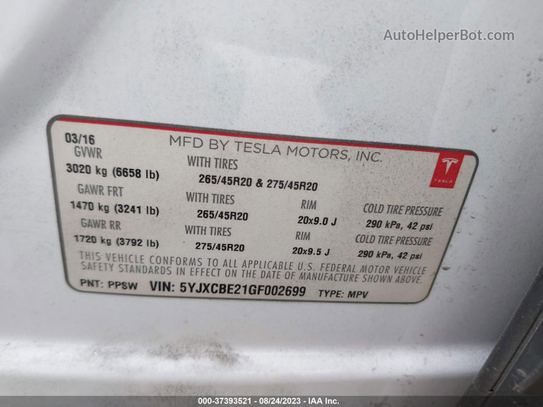 2016 Tesla Model X 70d/90d/75d/60d/p100d Белый vin: 5YJXCBE21GF002699