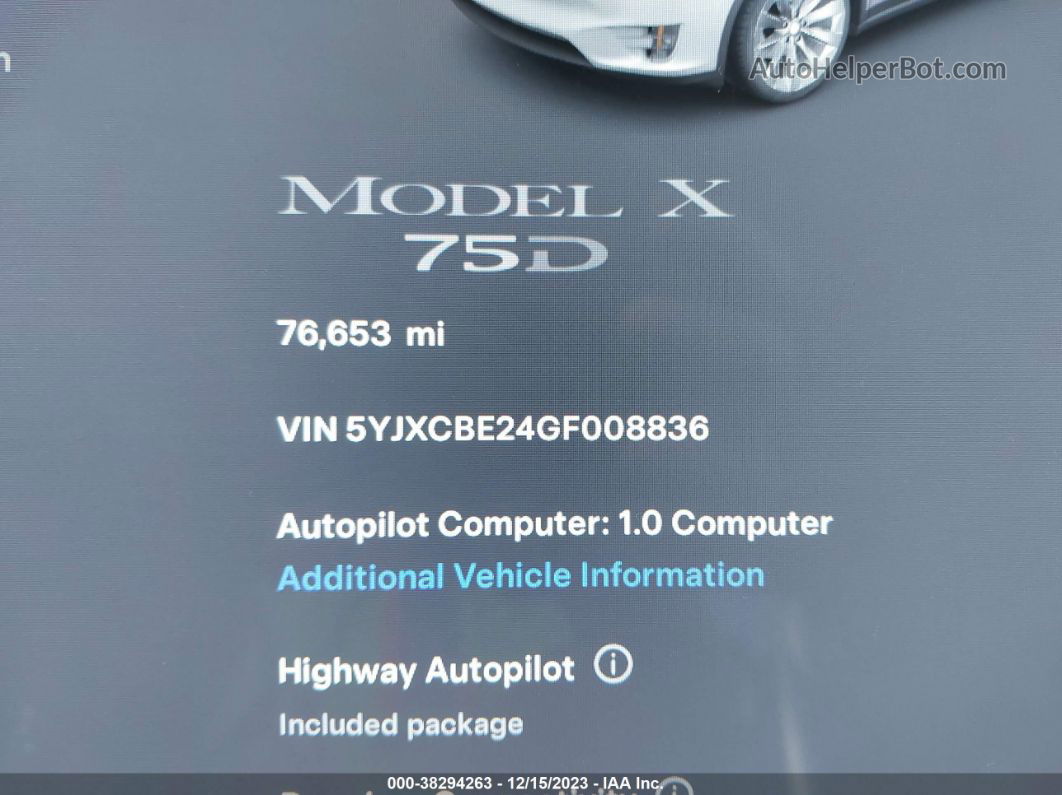 2016 Tesla Model X 60d/70d/75d/90d/p100d White vin: 5YJXCBE24GF008836