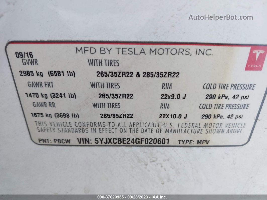 2016 Tesla Model X 70d/90d/75d/60d/p100d White vin: 5YJXCBE24GF020601