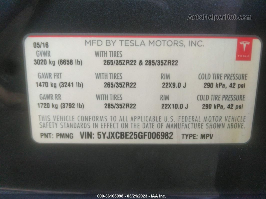 2016 Tesla Model X 70d/90d/75d/60d/p100d Black vin: 5YJXCBE25GF006982