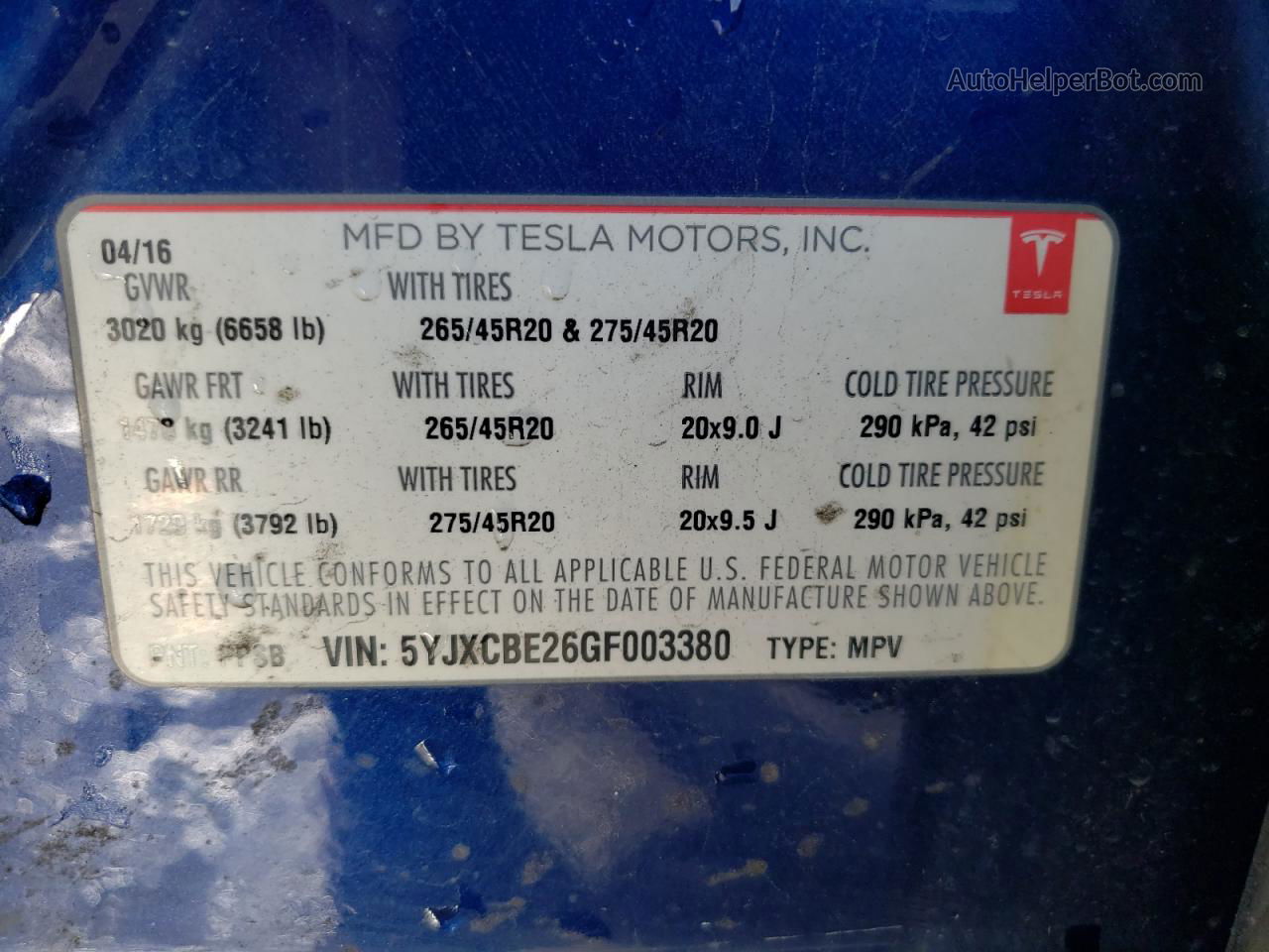 2016 Tesla Model X  Синий vin: 5YJXCBE26GF003380