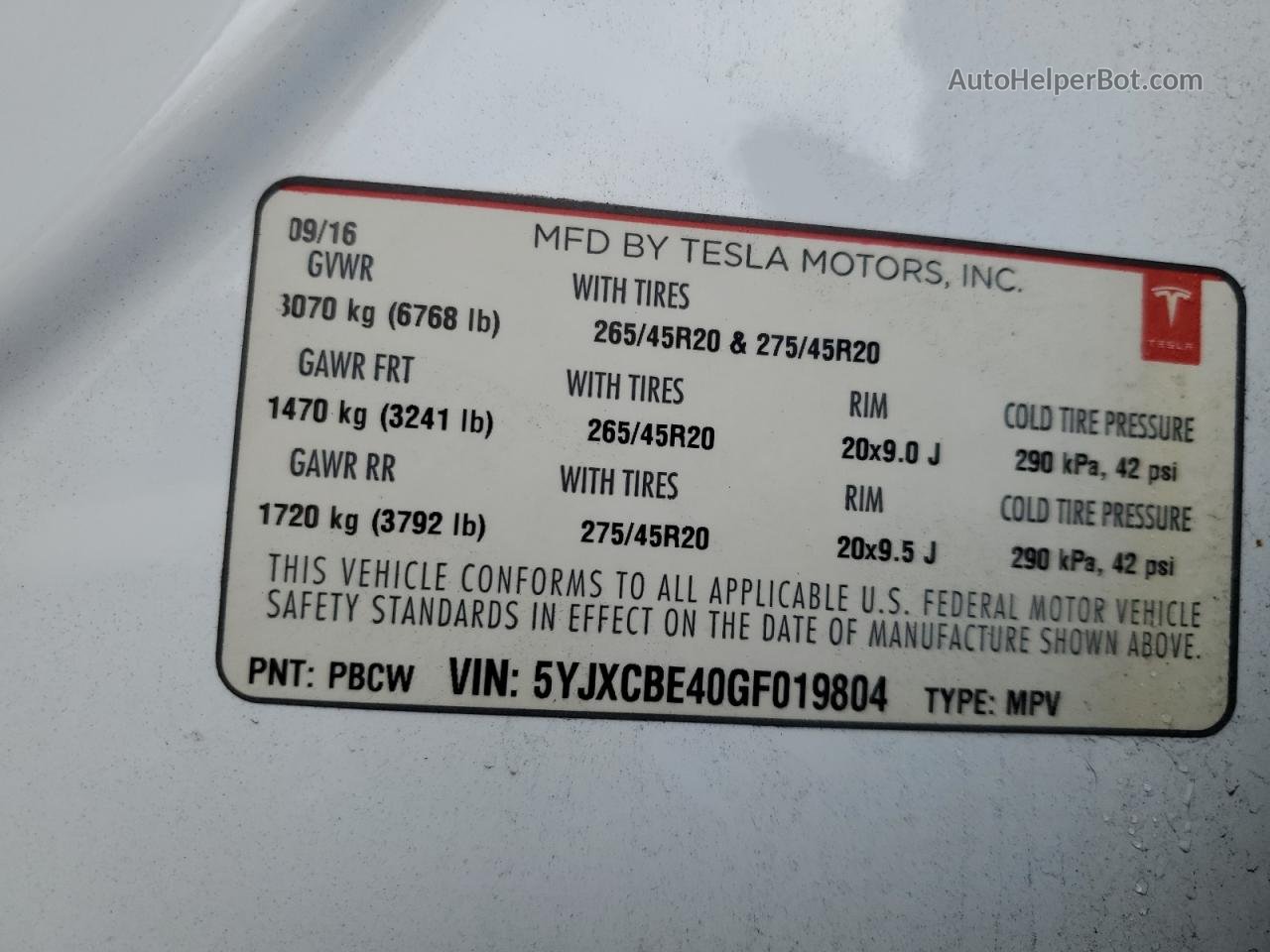 2016 Tesla Model X  White vin: 5YJXCBE40GF019804