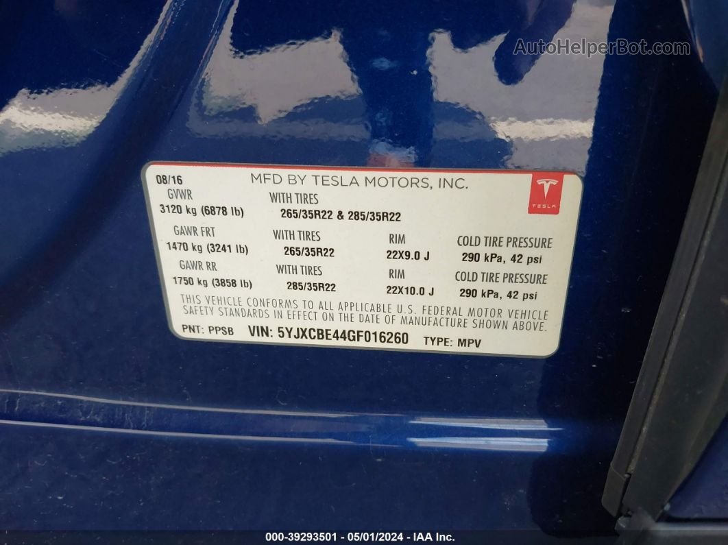 2016 Tesla Model X 75d/p100d/p90d Blue vin: 5YJXCBE44GF016260