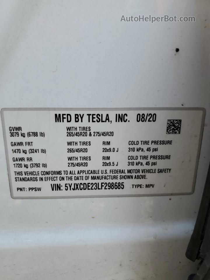 2020 Tesla Model X  White vin: 5YJXCDE23LF298685