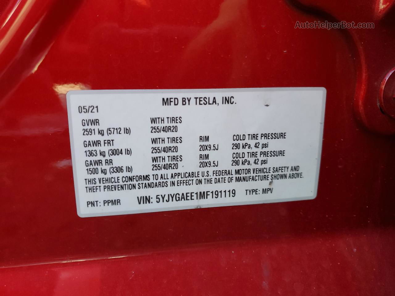 2021 Tesla Model Y  Red vin: 5YJYGAEE1MF191119