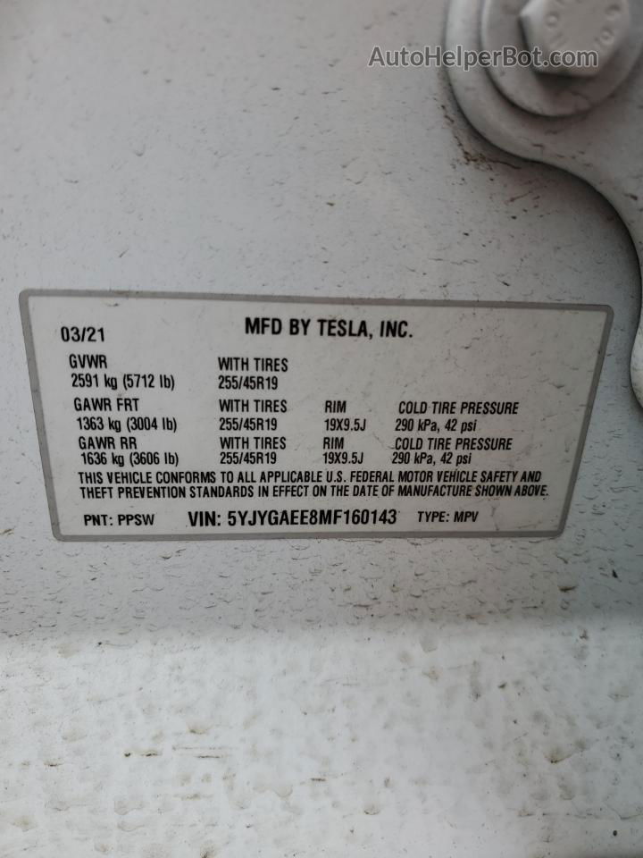 2021 Tesla Model Y  White vin: 5YJYGAEE8MF160143