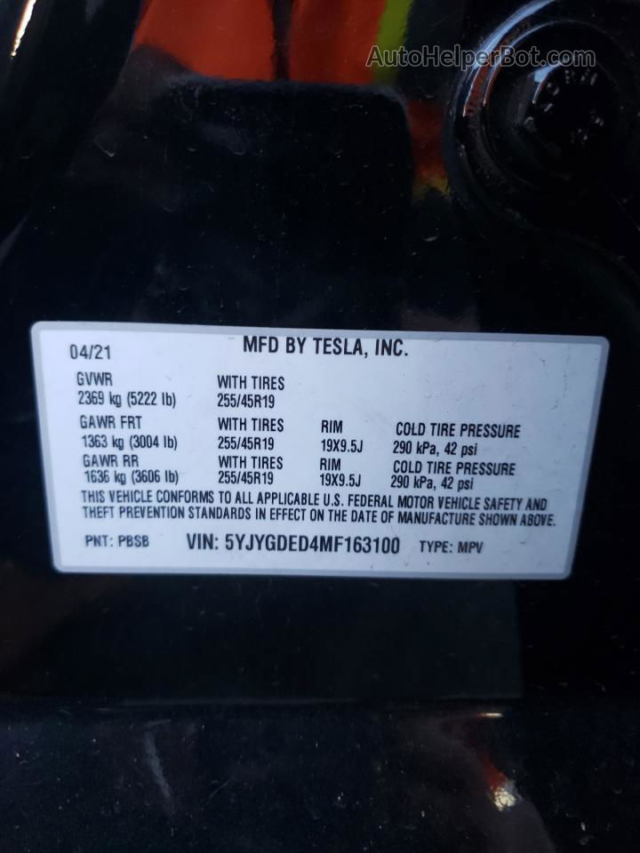 2021 Tesla Model Y  Black vin: 5YJYGDED4MF163100