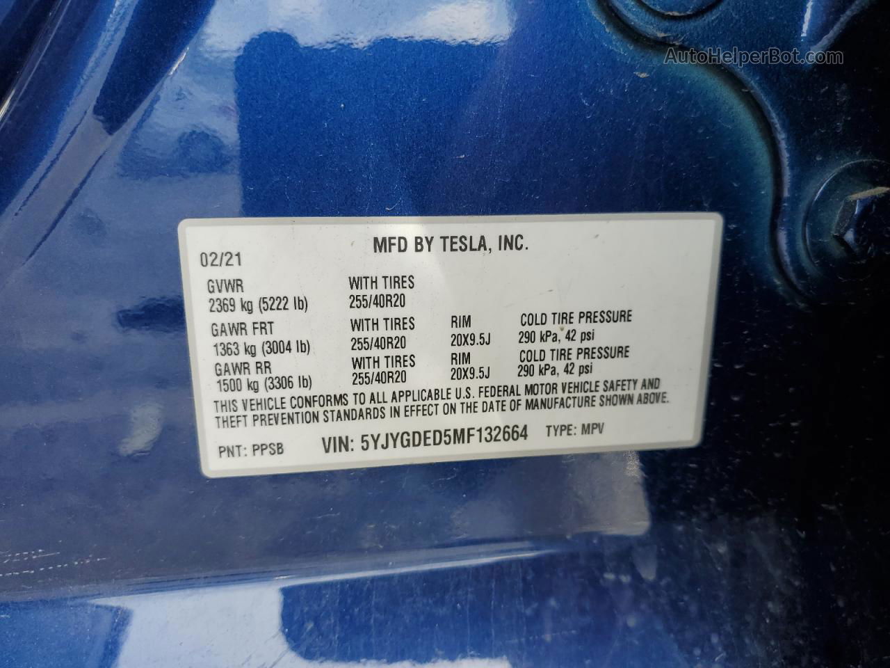 2021 Tesla Model Y  Blue vin: 5YJYGDED5MF132664