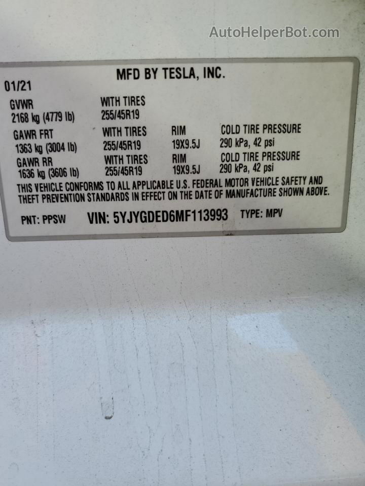 2021 Tesla Model Y  White vin: 5YJYGDED6MF113993