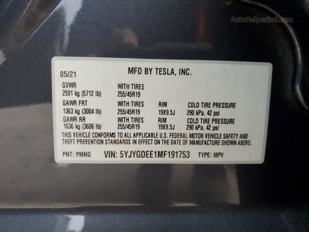 2021 Tesla Model Y  Gray vin: 5YJYGDEE1MF191753