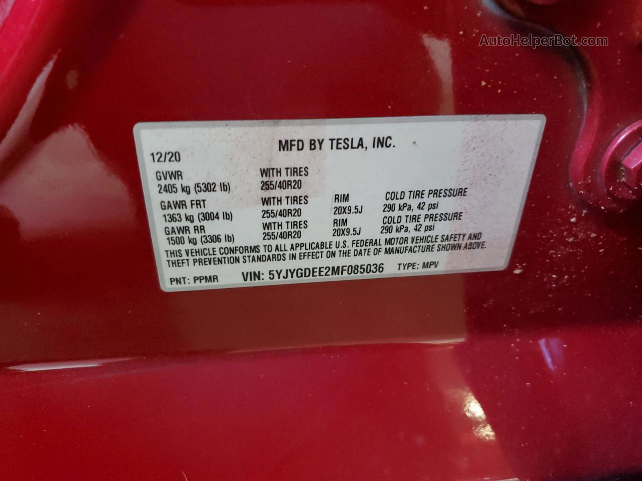 2021 Tesla Model Y  Red vin: 5YJYGDEE2MF085036