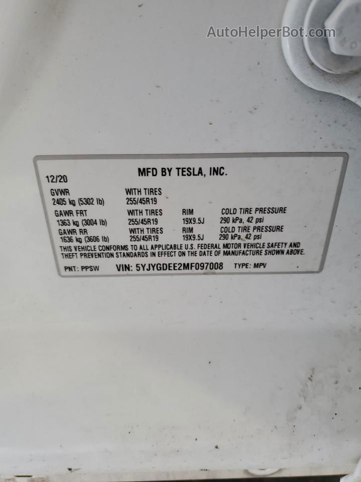 2021 Tesla Model Y  Белый vin: 5YJYGDEE2MF097008