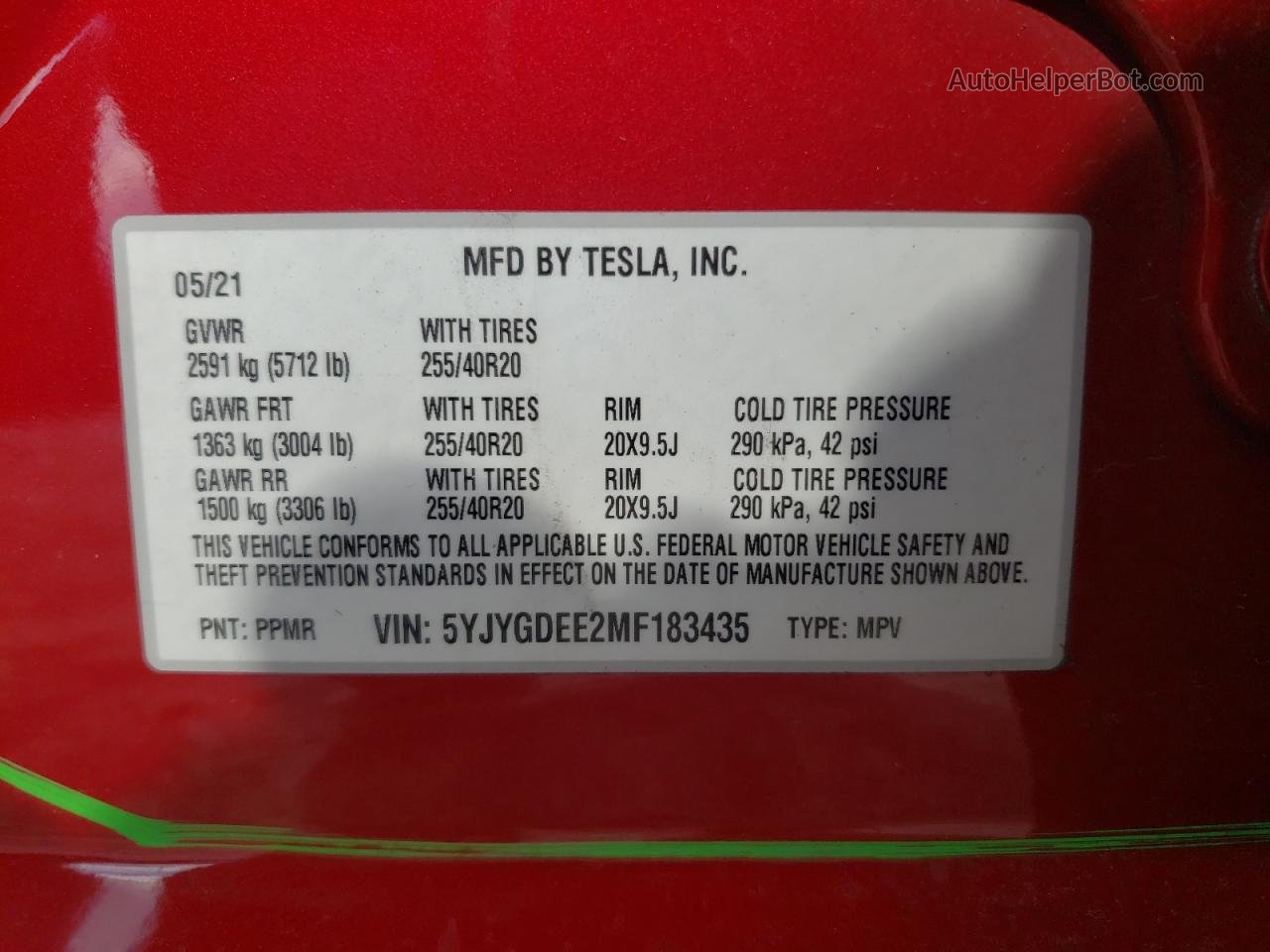 2021 Tesla Model Y  Red vin: 5YJYGDEE2MF183435