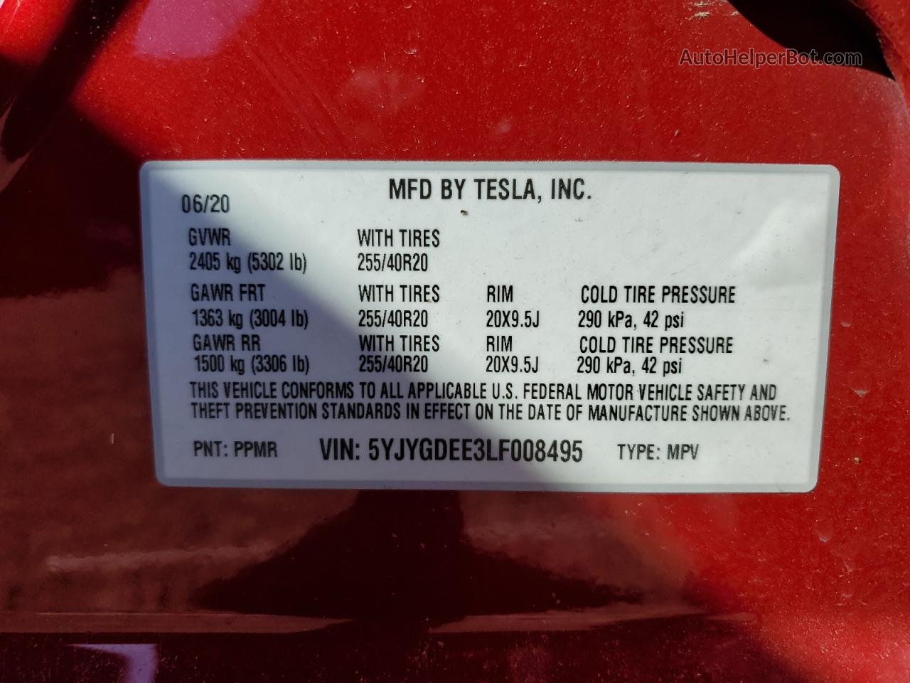 2020 Tesla Model Y  Красный vin: 5YJYGDEE3LF008495