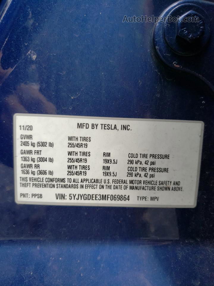 2021 Tesla Model Y  Синий vin: 5YJYGDEE3MF069864