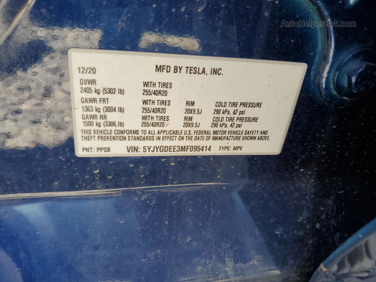 2021 Tesla Model Y  Blue vin: 5YJYGDEE3MF095414