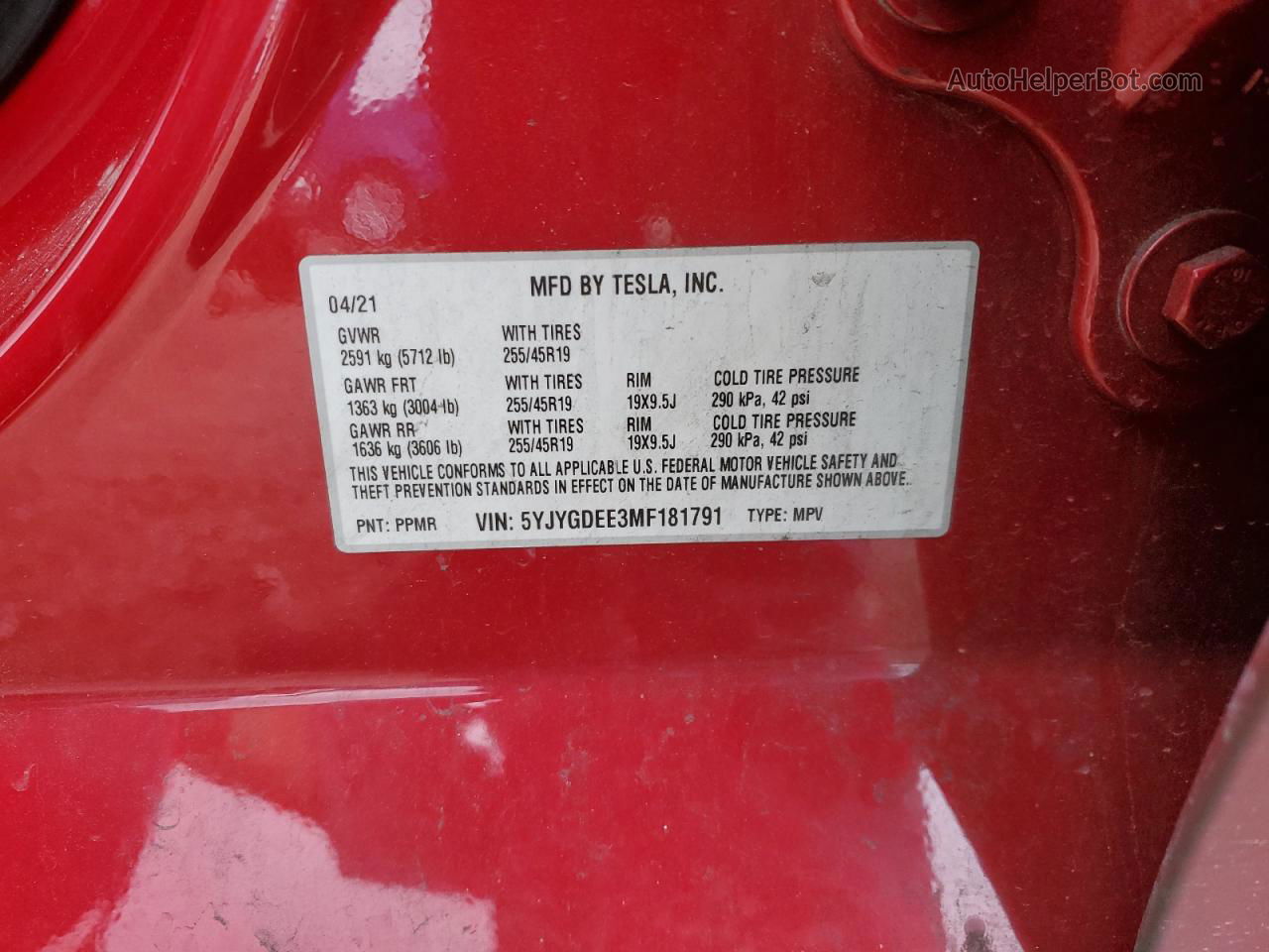 2021 Tesla Model Y  Red vin: 5YJYGDEE3MF181791