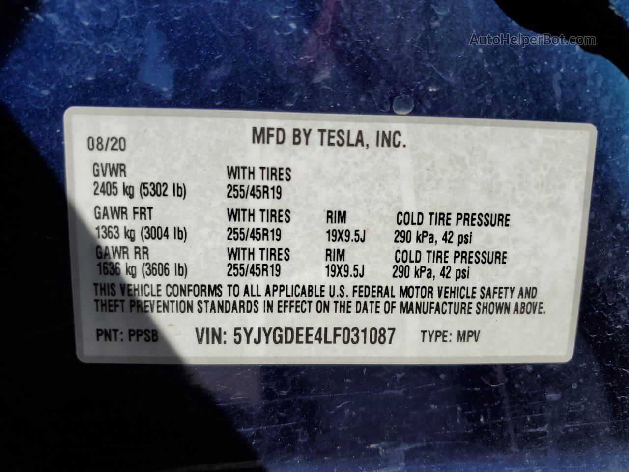 2020 Tesla Model Y  Blue vin: 5YJYGDEE4LF031087