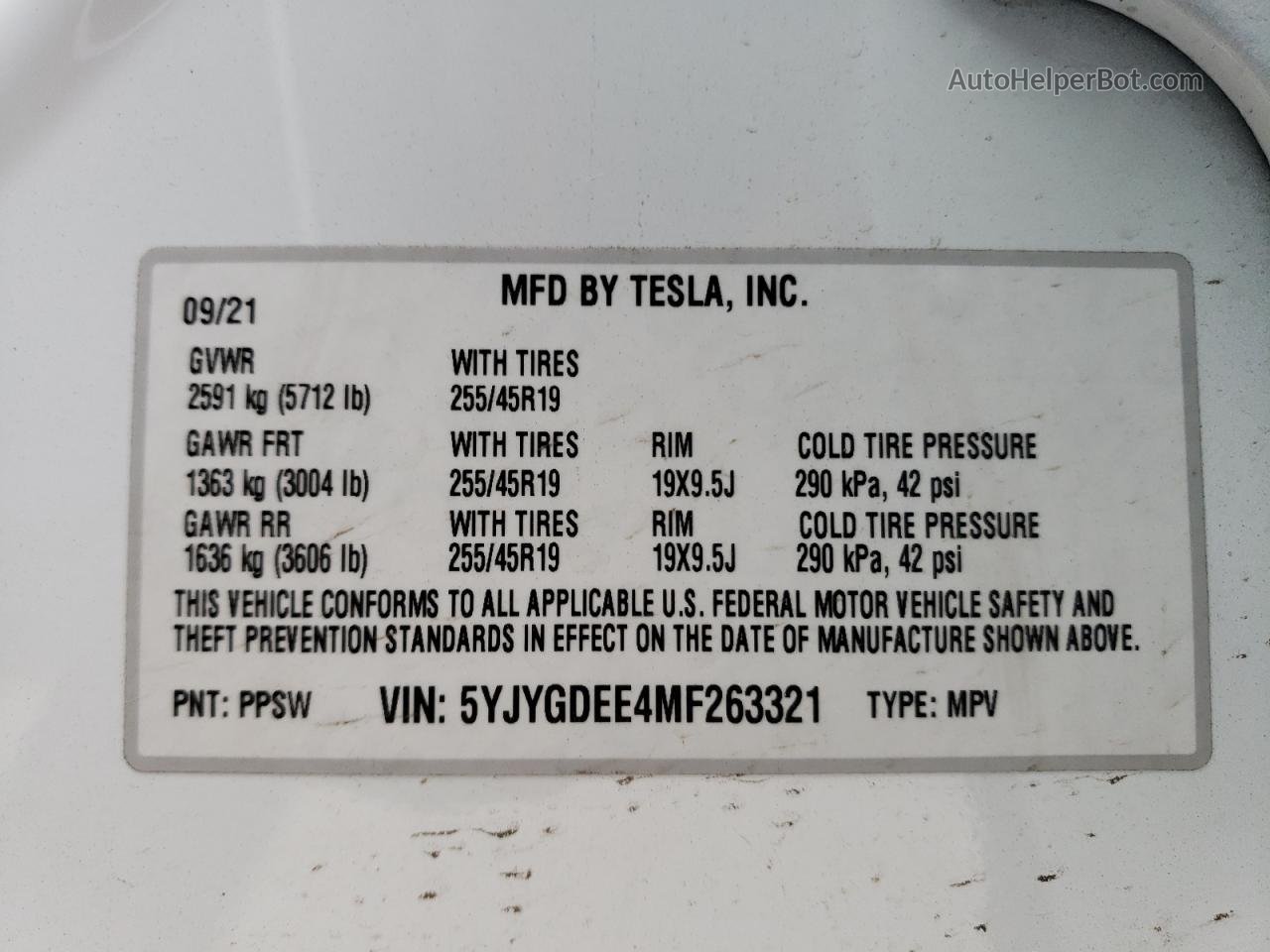 2021 Tesla Model Y  White vin: 5YJYGDEE4MF263321