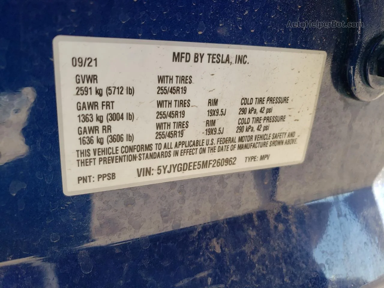 2021 Tesla Model Y  Blue vin: 5YJYGDEE5MF260962