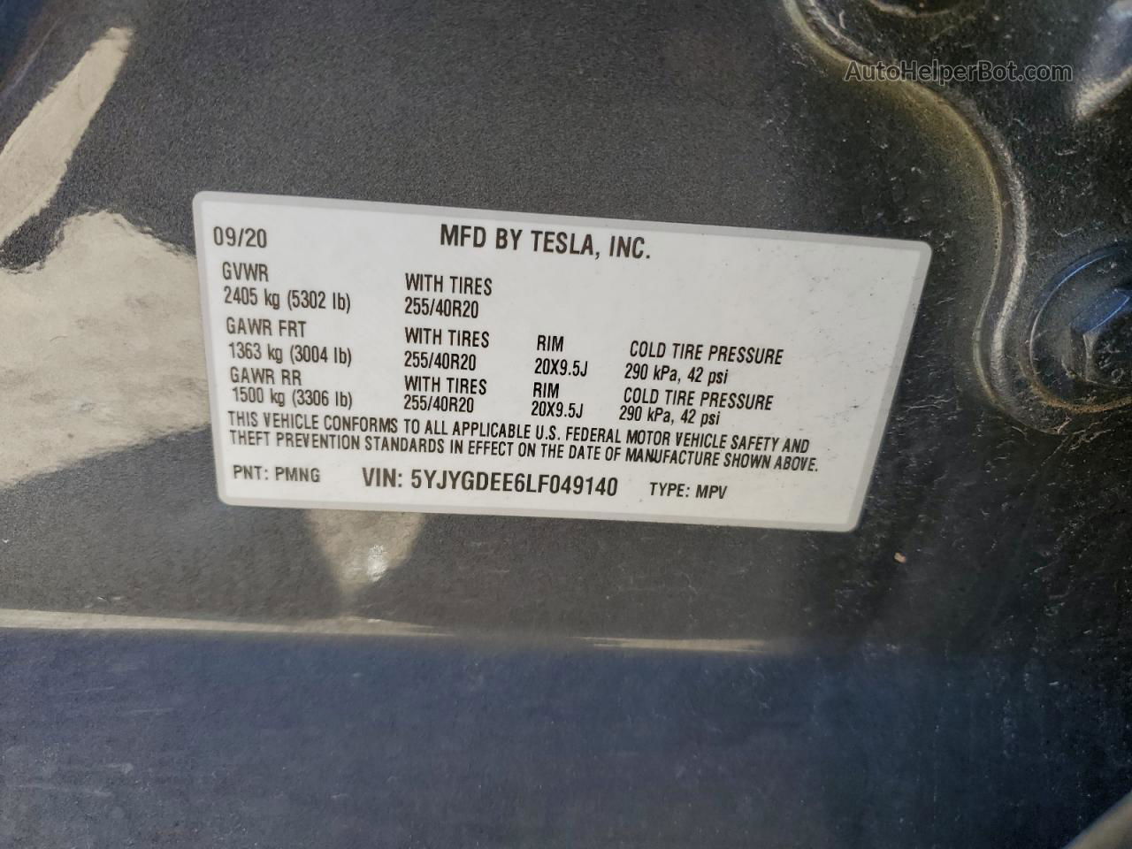 2020 Tesla Model Y  Gray vin: 5YJYGDEE6LF049140