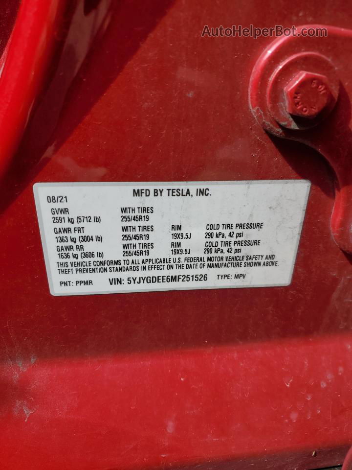 2021 Tesla Model Y  Красный vin: 5YJYGDEE6MF251526