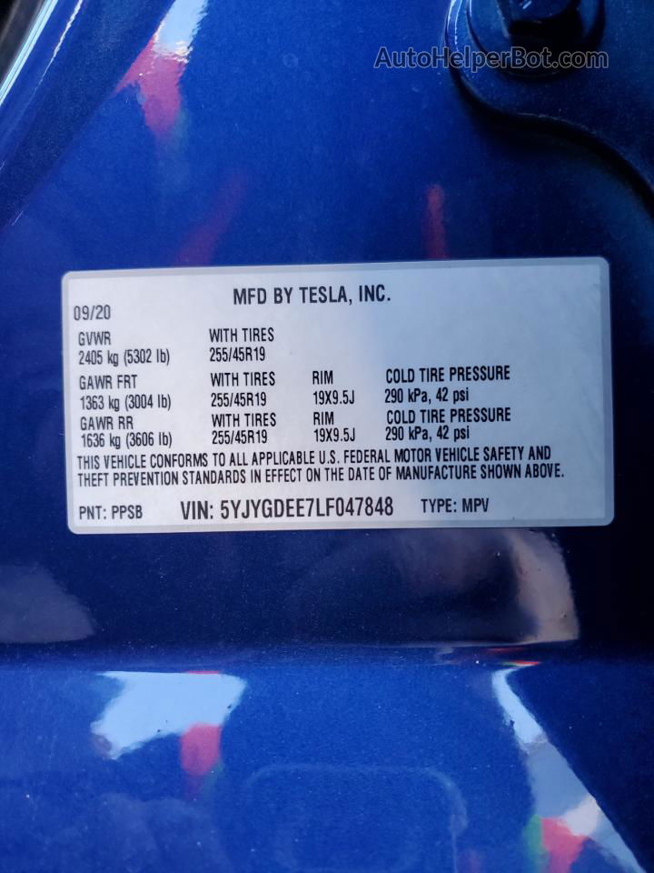 2020 Tesla Model Y  Blue vin: 5YJYGDEE7LF047848