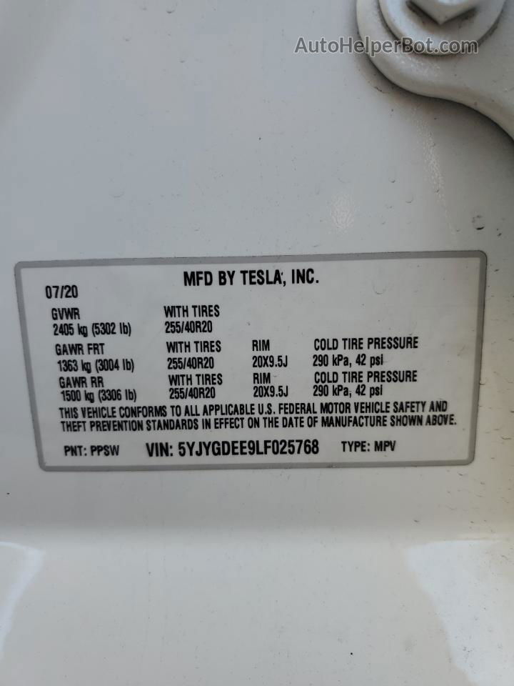 2020 Tesla Model Y  White vin: 5YJYGDEE9LF025768