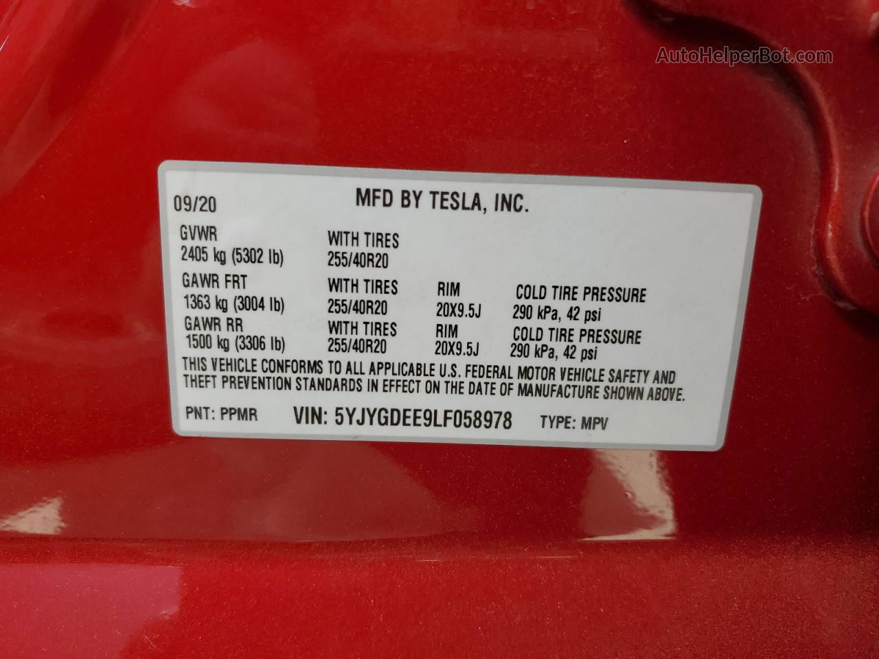 2020 Tesla Model Y  Red vin: 5YJYGDEE9LF058978
