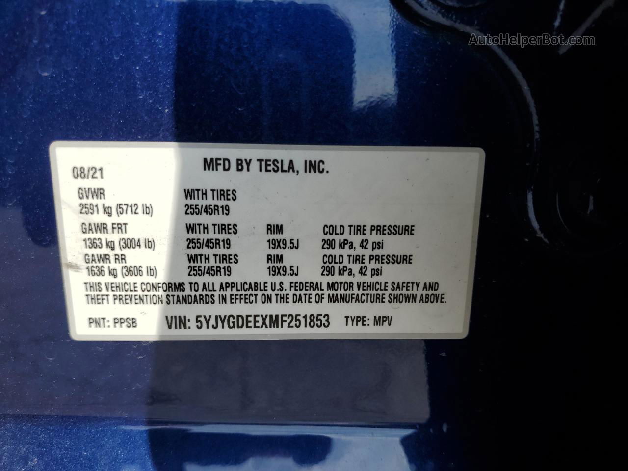 2021 Tesla Model Y  Blue vin: 5YJYGDEEXMF251853