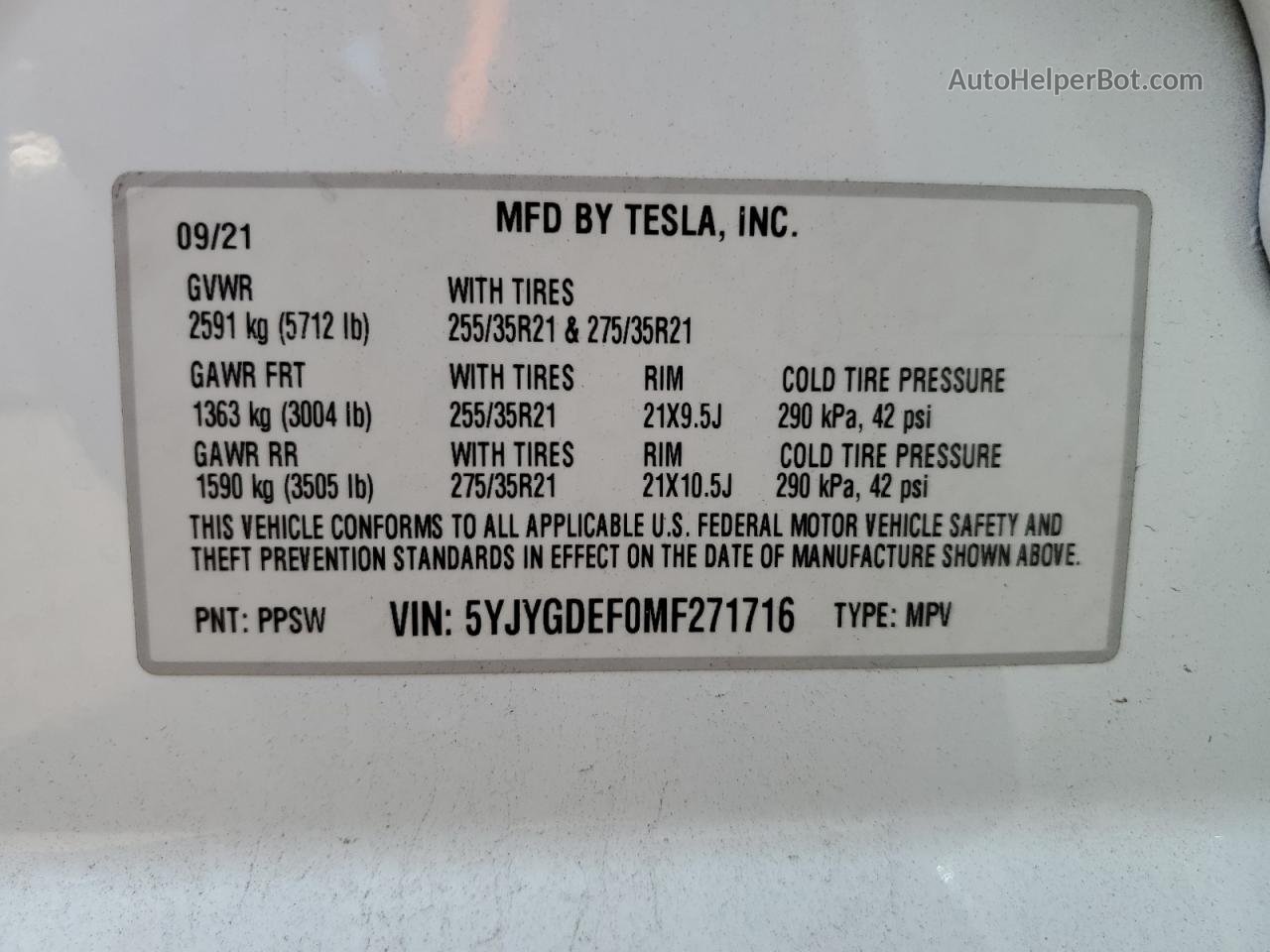 2021 Tesla Model Y  White vin: 5YJYGDEF0MF271716