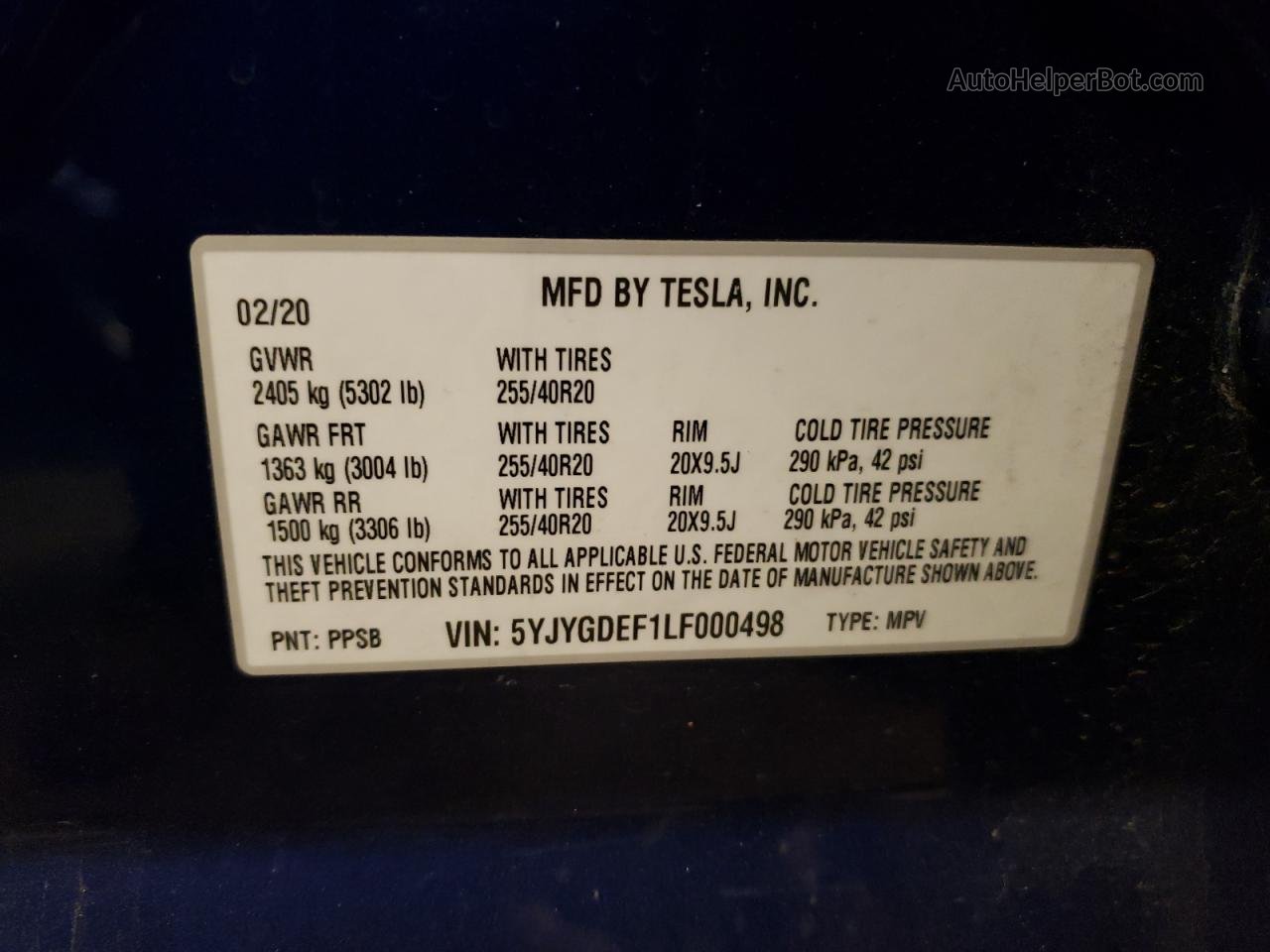 2020 Tesla Model Y  Blue vin: 5YJYGDEF1LF000498