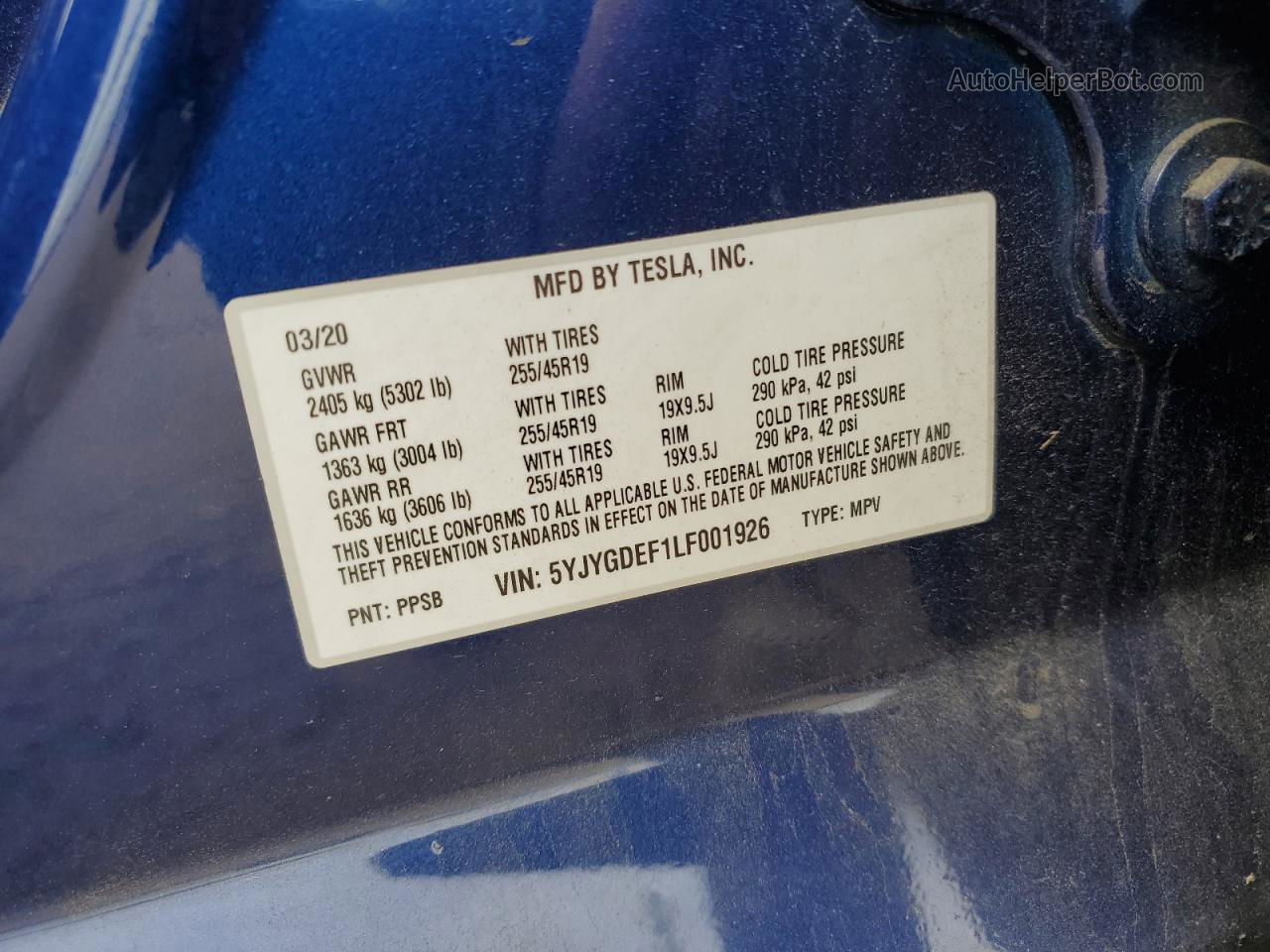 2020 Tesla Model Y  Blue vin: 5YJYGDEF1LF001926