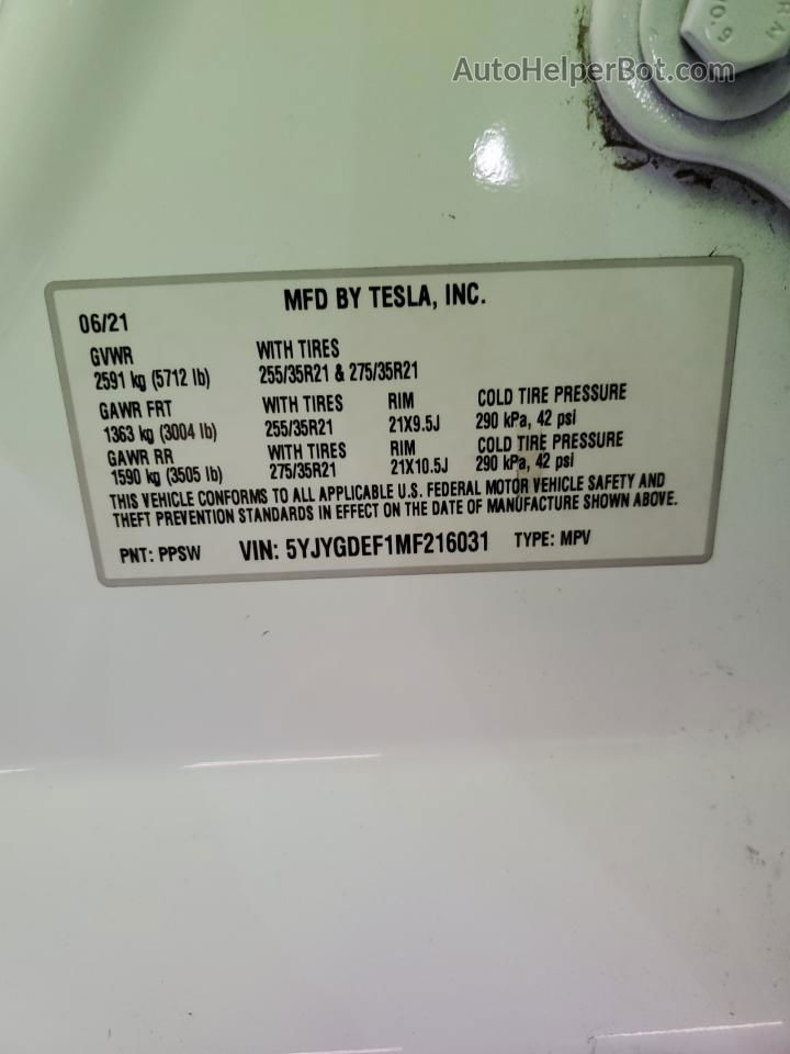 2021 Tesla Model Y  White vin: 5YJYGDEF1MF216031