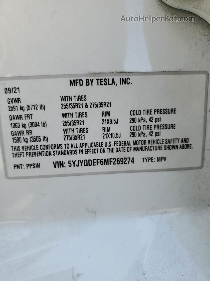 2021 Tesla Model Y  White vin: 5YJYGDEF6MF269274