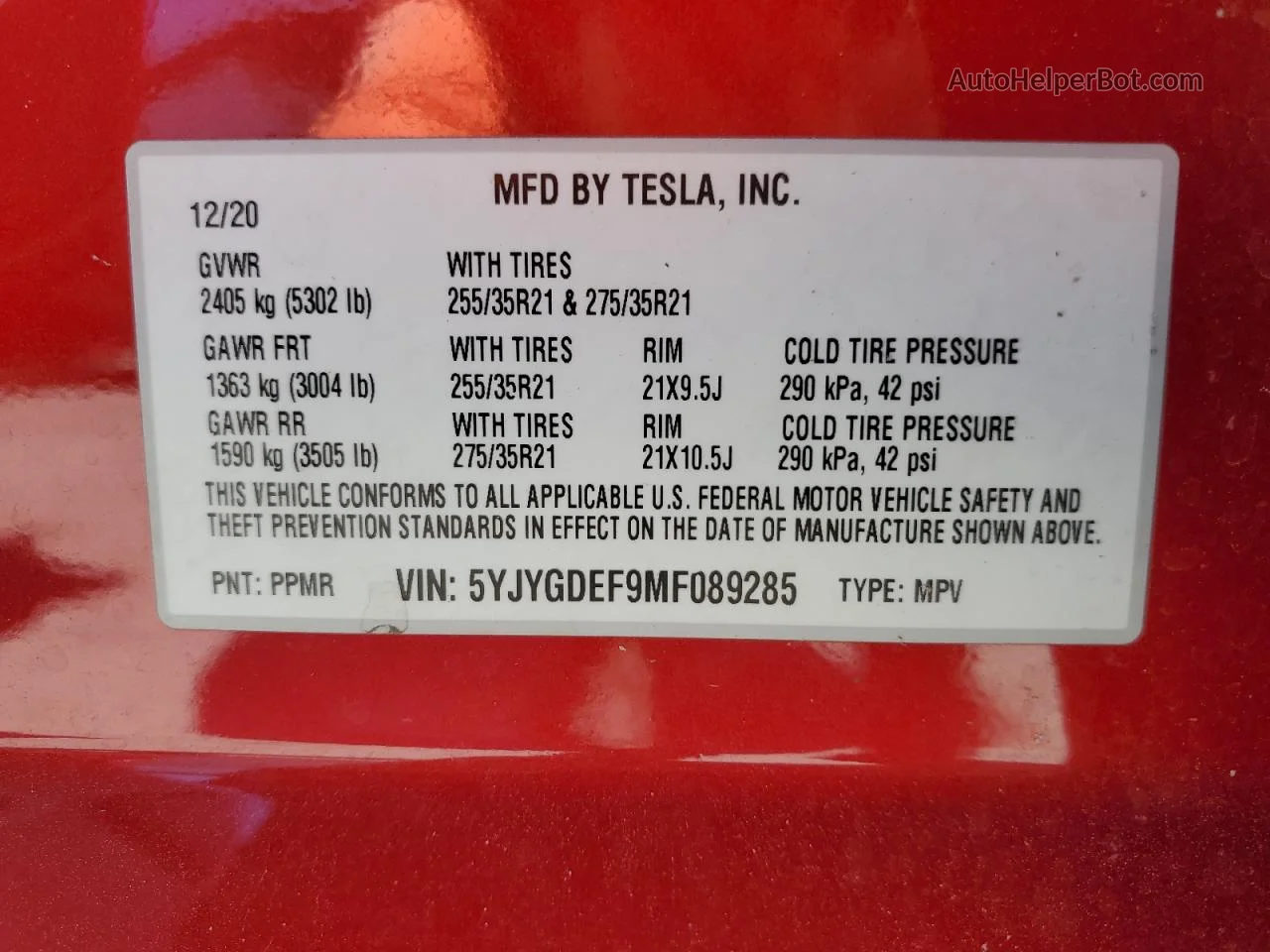 2021 Tesla Model Y  Red vin: 5YJYGDEF9MF089285